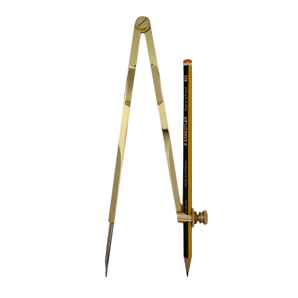 A gold-colored compass with a black pencil attached, used for drawing circles and arcs.