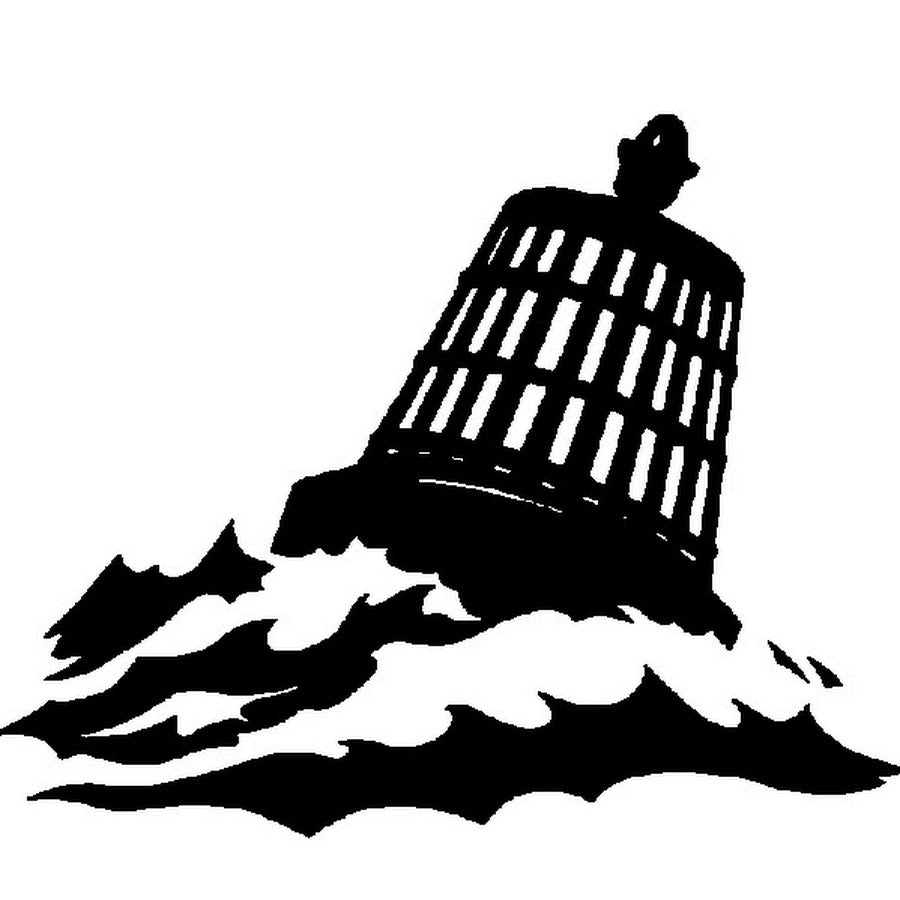 Black and white illustration of a tilted buoy in rough waters, surrounded by stylized waves.