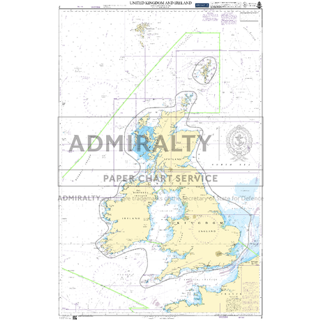 Product image of Admiralty Chart 2 | United Kingdom and Ireland, featuring navigational markings, depth soundings, and coastal features, essential for safe marine navigation. It could be displayed as an art piece or used for navigation on a boat or ship.