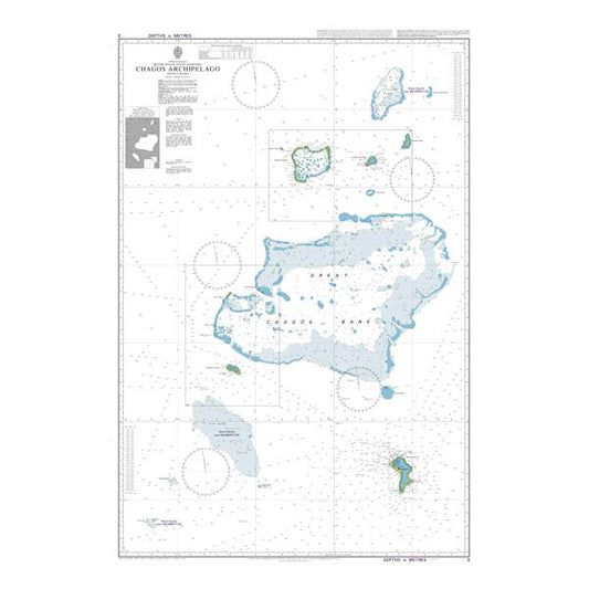 Product image of Admiralty Chart 3 | Chagos Archipelago, featuring navigational markings, depth soundings, and coastal features, essential for safe marine navigation. It could be displayed as an art piece or used for navigation on a boat or ship.