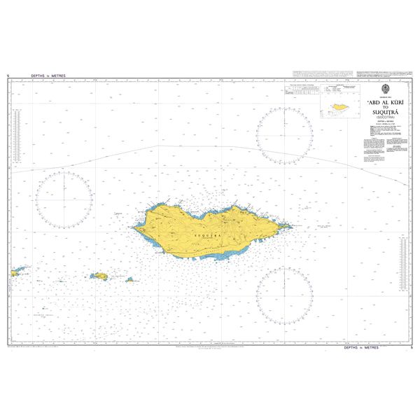 Product image of Admiralty Chart 5 | `Abd Al Kuri to Suqutra (Socotra), featuring navigational markings, depth soundings, and coastal features, essential for safe marine navigation. It could be displayed as an art piece or used for navigation on a boat or ship.