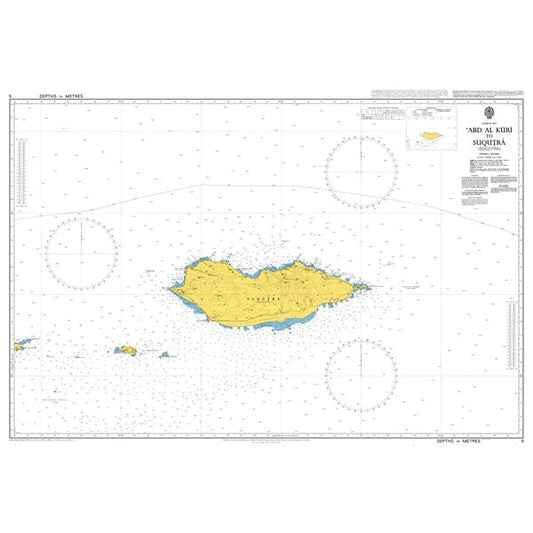 Product image of Admiralty Chart 5 | `Abd Al Kuri to Suqutra (Socotra), featuring navigational markings, depth soundings, and coastal features, essential for safe marine navigation. It could be displayed as an art piece or used for navigation on a boat or ship.