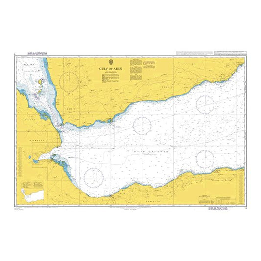 Product image of Admiralty Chart 6 | Gulf of Aden, featuring navigational markings, depth soundings, and coastal features, essential for safe marine navigation. It could be displayed as an art piece or used for navigation on a boat or ship.