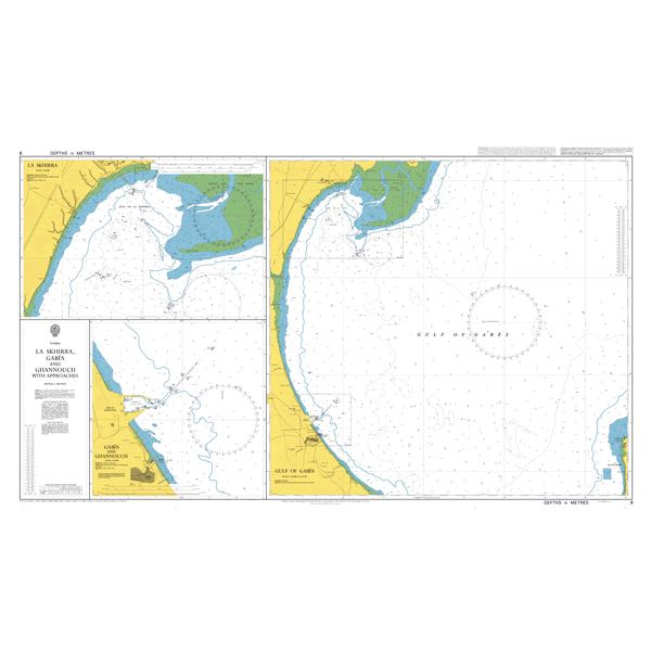 Product image of Admiralty Chart 9 | La Skhirra, Gabes and Ghannouch with Approaches, featuring navigational markings, depth soundings, and coastal features, essential for safe marine navigation. It could be displayed as an art piece or used for navigation on a boat or ship.