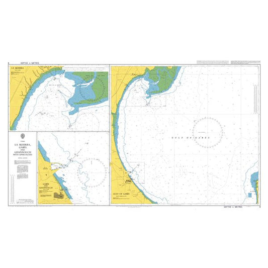 Product image of Admiralty Chart 9 | La Skhirra, Gabes and Ghannouch with Approaches, featuring navigational markings, depth soundings, and coastal features, essential for safe marine navigation. It could be displayed as an art piece or used for navigation on a boat or ship.