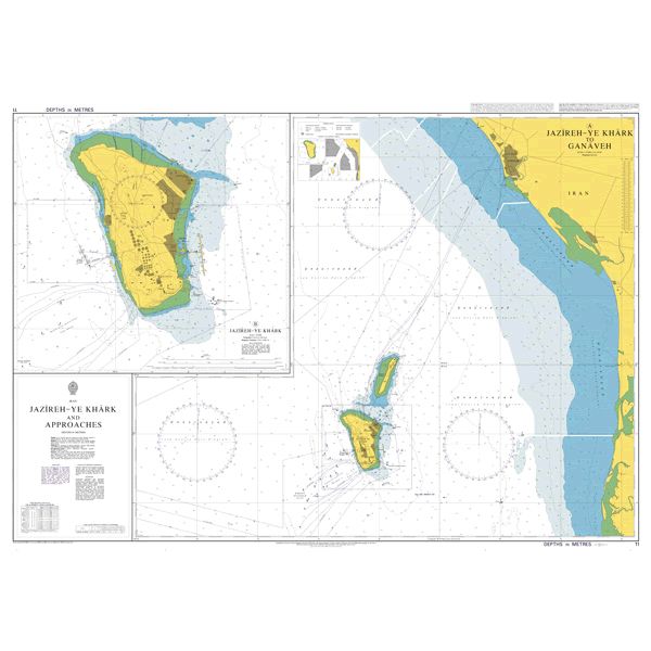 Product image of Admiralty Chart 11 | Jazireh-Ye Khark and Approaches, featuring navigational markings, depth soundings, and coastal features, essential for safe marine navigation. It could be displayed as an art piece or used for navigation on a boat or ship.