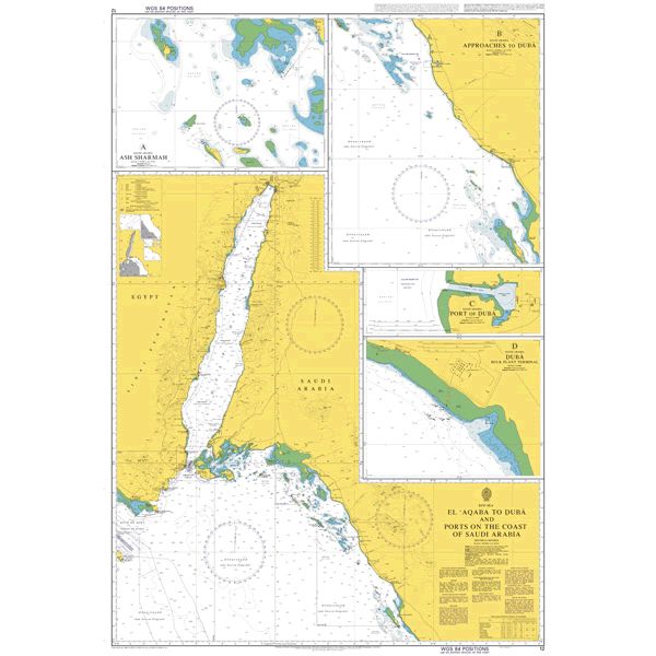 Product image of Admiralty Chart 12 | Al Aqabah to Duba and Ports on the Coast of Saudi Arabia, featuring navigational markings, depth soundings, and coastal features, essential for safe marine navigation. It could be displayed as an art piece or used for navigation on a boat or ship.