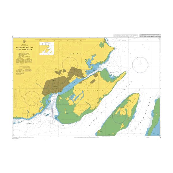 Product image of Admiralty Chart 13 | Approaches to Cebu Harbour, featuring navigational markings, depth soundings, and coastal features, essential for safe marine navigation. It could be displayed as an art piece or used for navigation on a boat or ship.