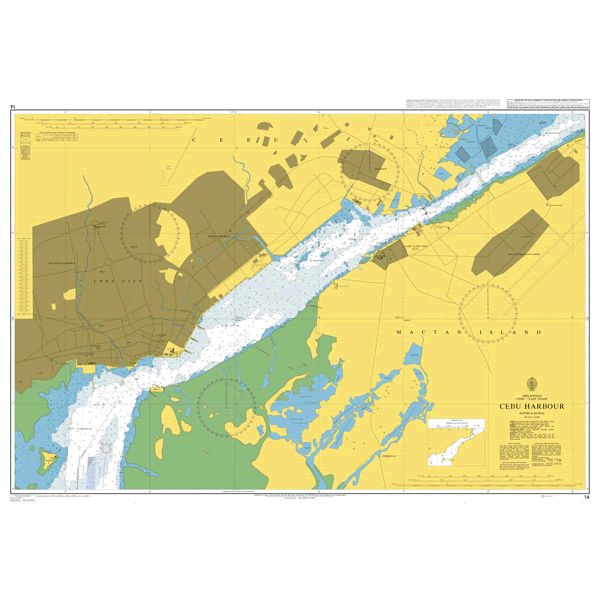 Product image of Admiralty Chart 14 | Cebu Harbour, featuring navigational markings, depth soundings, and coastal features, essential for safe marine navigation. It could be displayed as an art piece or used for navigation on a boat or ship.