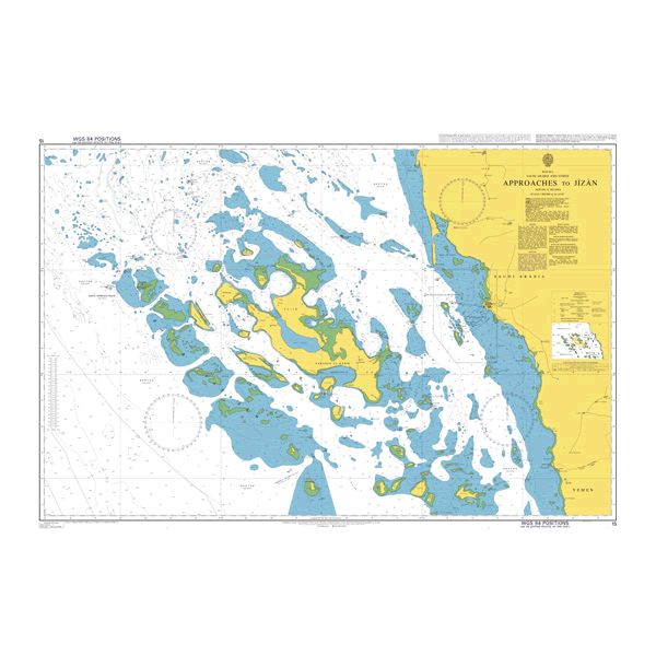 Product image of Admiralty Chart 15 | Approaches to Jizan, featuring navigational markings, depth soundings, and coastal features, essential for safe marine navigation. It could be displayed as an art piece or used for navigation on a boat or ship.