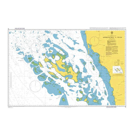 Product image of Admiralty Chart 15 | Approaches to Jizan, featuring navigational markings, depth soundings, and coastal features, essential for safe marine navigation. It could be displayed as an art piece or used for navigation on a boat or ship.