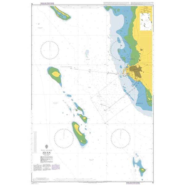 Product image of Admiralty Chart 16 | Jizan, featuring navigational markings, depth soundings, and coastal features, essential for safe marine navigation. It could be displayed as an art piece or used for navigation on a boat or ship.