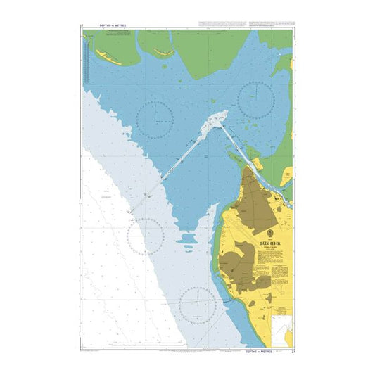 Product image of Admiralty Chart 27 | Bushehr, featuring navigational markings, depth soundings, and coastal features, essential for safe marine navigation. It could be displayed as an art piece or used for navigation on a boat or ship.