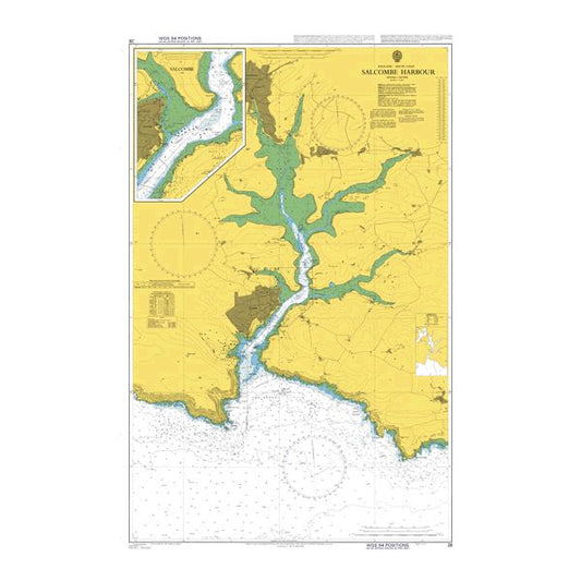 Product image of Admiralty Chart 28 | Salcombe Harbour, featuring navigational markings, depth soundings, and coastal features, essential for safe marine navigation. It could be displayed as an art piece or used for navigation on a boat or ship.