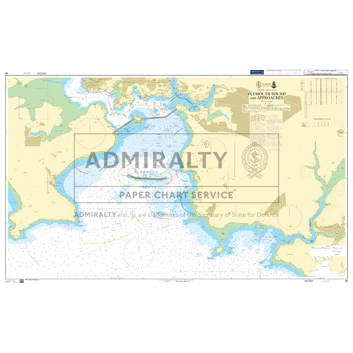 Product image of Admiralty Chart 30 | Plymouth Sound and Approaches, featuring navigational markings, depth soundings, and coastal features, essential for safe marine navigation. It could be displayed as an art piece or used for navigation on a boat or ship.