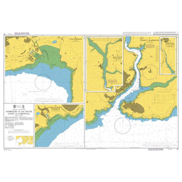 Product image of Admiralty Chart 31 | Harbours on the South Coast of Cornwall, featuring navigational markings, depth soundings, and coastal features, essential for safe marine navigation. It could be displayed as an art piece or used for navigation on a boat or ship.