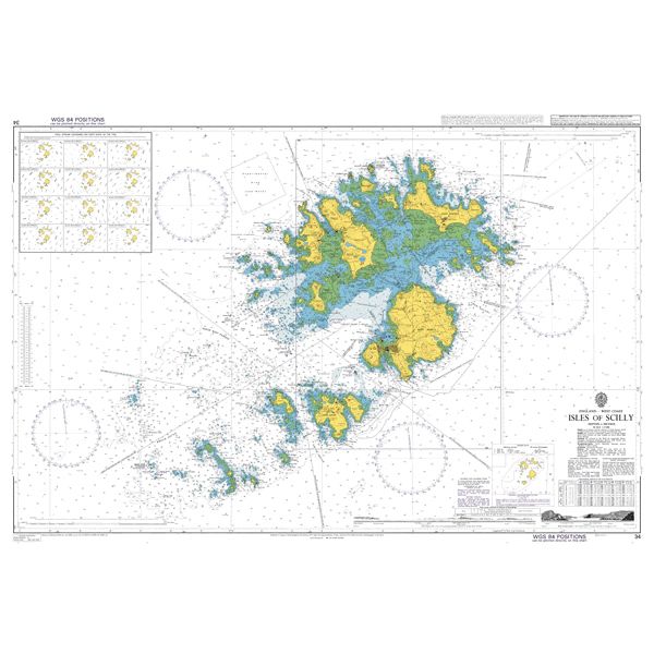 Product image of Admiralty Chart 34 | Isles of Scilly, featuring navigational markings, depth soundings, and coastal features, essential for safe marine navigation. It could be displayed as an art piece or used for navigation on a boat or ship.