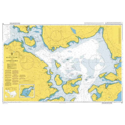 Product image of Admiralty Chart 35 | Scapa Flow and Approaches, featuring navigational markings, depth soundings, and coastal features, essential for safe marine navigation. It could be displayed as an art piece or used for navigation on a boat or ship.