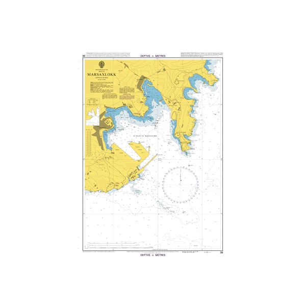 Product image of Admiralty Chart 36 | Marsaxlokk and Approaches, featuring navigational markings, depth soundings, and coastal features, essential for safe marine navigation. It could be displayed as an art piece or used for navigation on a boat or ship.