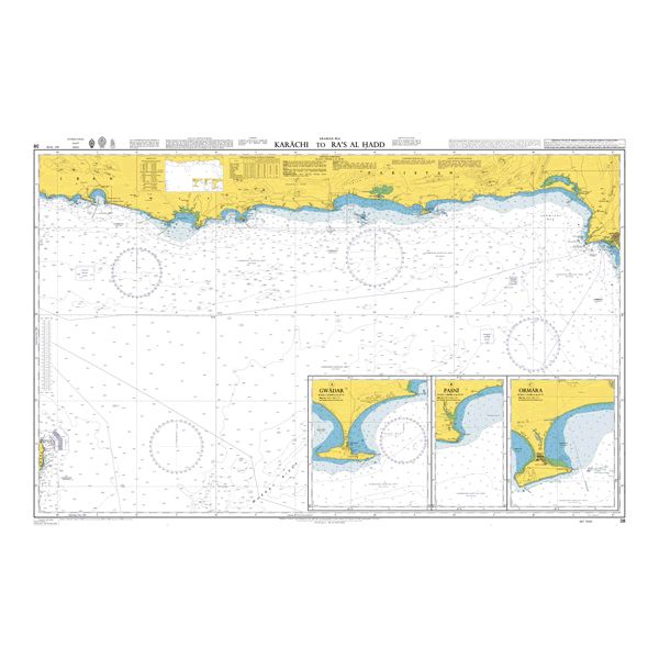 Product image of Admiralty Chart 38 | Karachi to Ra's al Hadd, featuring navigational markings, depth soundings, and coastal features, essential for safe marine navigation. It could be displayed as an art piece or used for navigation on a boat or ship.