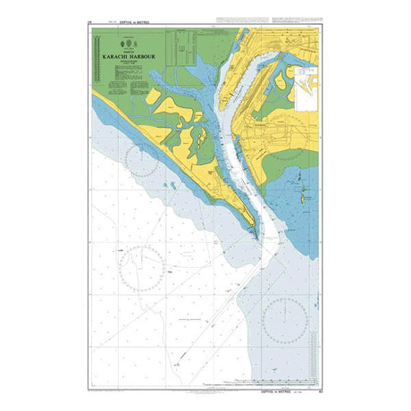 Product image of Admiralty Chart 40 | Karachi Harbour, featuring navigational markings, depth soundings, and coastal features, essential for safe marine navigation. It could be displayed as an art piece or used for navigation on a boat or ship.