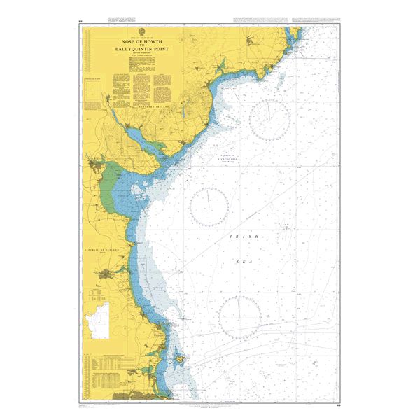 Product image of Admiralty Chart 44 | Nose of Howth to Ballyquintin Point, featuring navigational markings, depth soundings, and coastal features, essential for safe marine navigation. It could be displayed as an art piece or used for navigation on a boat or ship.