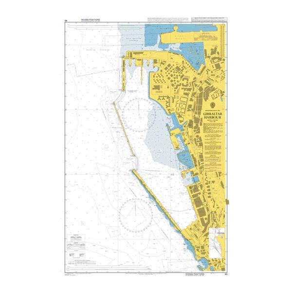 Product image of Admiralty Chart 45 | Gibraltar Harbour, featuring navigational markings, depth soundings, and coastal features, essential for safe marine navigation. It could be displayed as an art piece or used for navigation on a boat or ship.