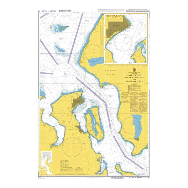 Product image of Admiralty Chart 46 | Puget Sound Point Partridge to Point No Point, featuring navigational markings, depth soundings, and coastal features, essential for safe marine navigation. It could be displayed as an art piece or used for navigation on a boat or ship.