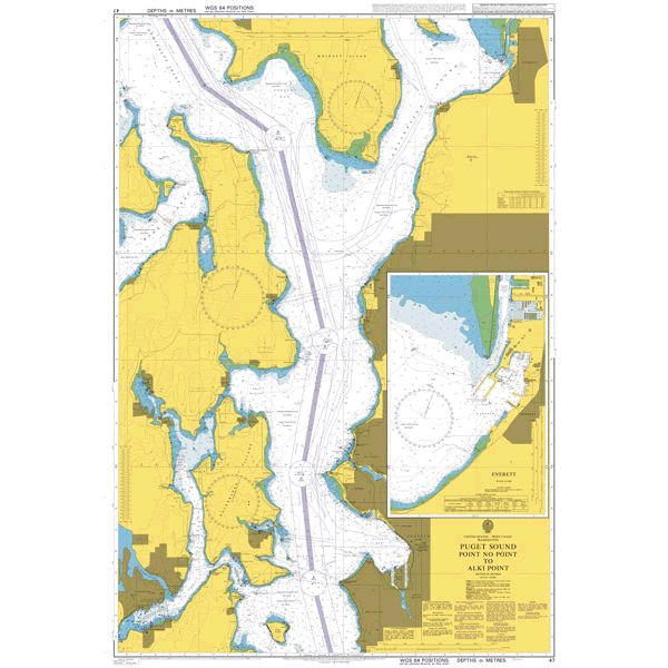 Product image of Admiralty Chart 47 | Puget Sound Point No Point to Alki Point, featuring navigational markings, depth soundings, and coastal features, essential for safe marine navigation. It could be displayed as an art piece or used for navigation on a boat or ship.