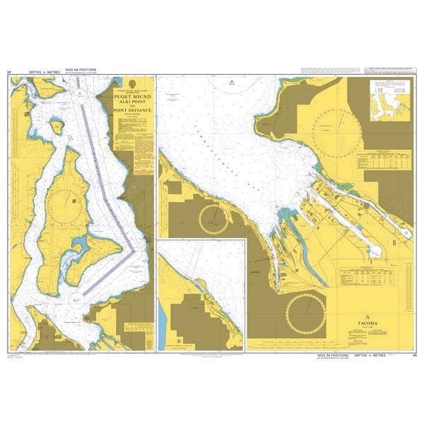 Product image of Admiralty Chart 48 | Puget Sound Alki Point to Point Defiance, featuring navigational markings, depth soundings, and coastal features, essential for safe marine navigation. It could be displayed as an art piece or used for navigation on a boat or ship.