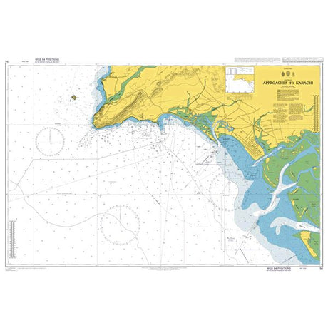 Product image of Admiralty Chart 58 | Approaches to Karachi, featuring navigational markings, depth soundings, and coastal features, essential for safe marine navigation. It could be displayed as an art piece or used for navigation on a boat or ship.