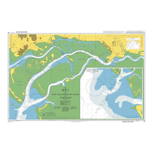 Product image of Admiralty Chart 59 | Port Muhammad Bin Qasim and Approaches, featuring navigational markings, depth soundings, and coastal features, essential for safe marine navigation. It could be displayed as an art piece or used for navigation on a boat or ship.