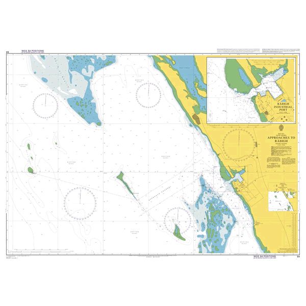 Product image of Admiralty Chart 64 | Approaches to Rabigh, featuring navigational markings, depth soundings, and coastal features, essential for safe marine navigation. It could be displayed as an art piece or used for navigation on a boat or ship.