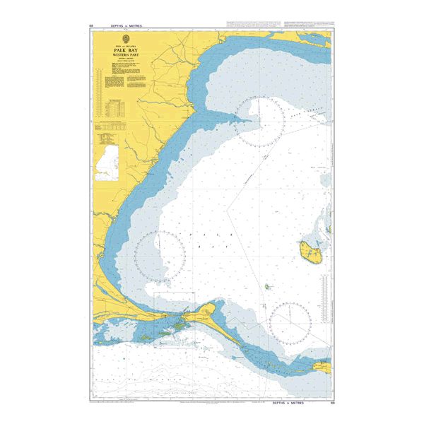 Product image of Admiralty Chart 69 | Palk Bay Western Part, featuring navigational markings, depth soundings, and coastal features, essential for safe marine navigation. It could be displayed as an art piece or used for navigation on a boat or ship.