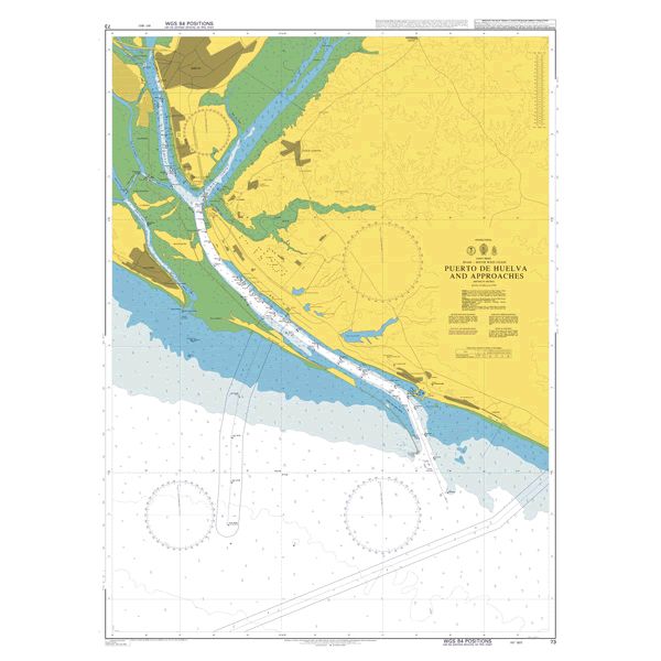 Product image of Admiralty Chart 73 | Puerto de Huelva and Approaches, featuring navigational markings, depth soundings, and coastal features, essential for safe marine navigation. It could be displayed as an art piece or used for navigation on a boat or ship.