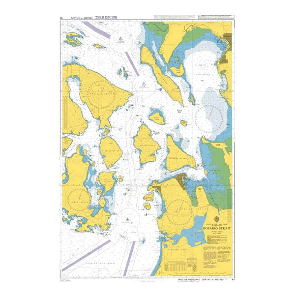 Product image of Admiralty Chart 80 | Rosario Strait, featuring navigational markings, depth soundings, and coastal features, essential for safe marine navigation. It could be displayed as an art piece or used for navigation on a boat or ship.