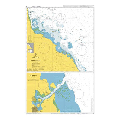 Product image of Admiralty Chart 81 | Sawakin to Ras Qassar, featuring navigational markings, depth soundings, and coastal features, essential for safe marine navigation. It could be displayed as an art piece or used for navigation on a boat or ship.