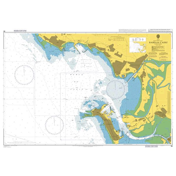 Product image of Admiralty Chart 86 | Bahia de Cadiz, featuring navigational markings, depth soundings, and coastal features, essential for safe marine navigation. It could be displayed as an art piece or used for navigation on a boat or ship.