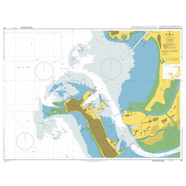 Product image of Admiralty Chart 88 | Cadiz, featuring navigational markings, depth soundings, and coastal features, essential for safe marine navigation. It could be displayed as an art piece or used for navigation on a boat or ship.