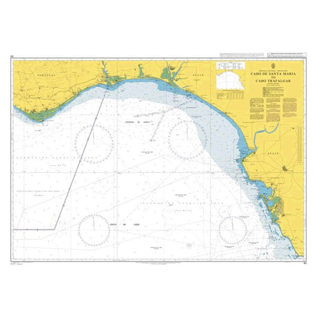 Product image of Admiralty Chart 93 | Cabo de Santa Maria to Cabo Trafalgar, featuring navigational markings, depth soundings, and coastal features, essential for safe marine navigation. It could be displayed as an art piece or used for navigation on a boat or ship.