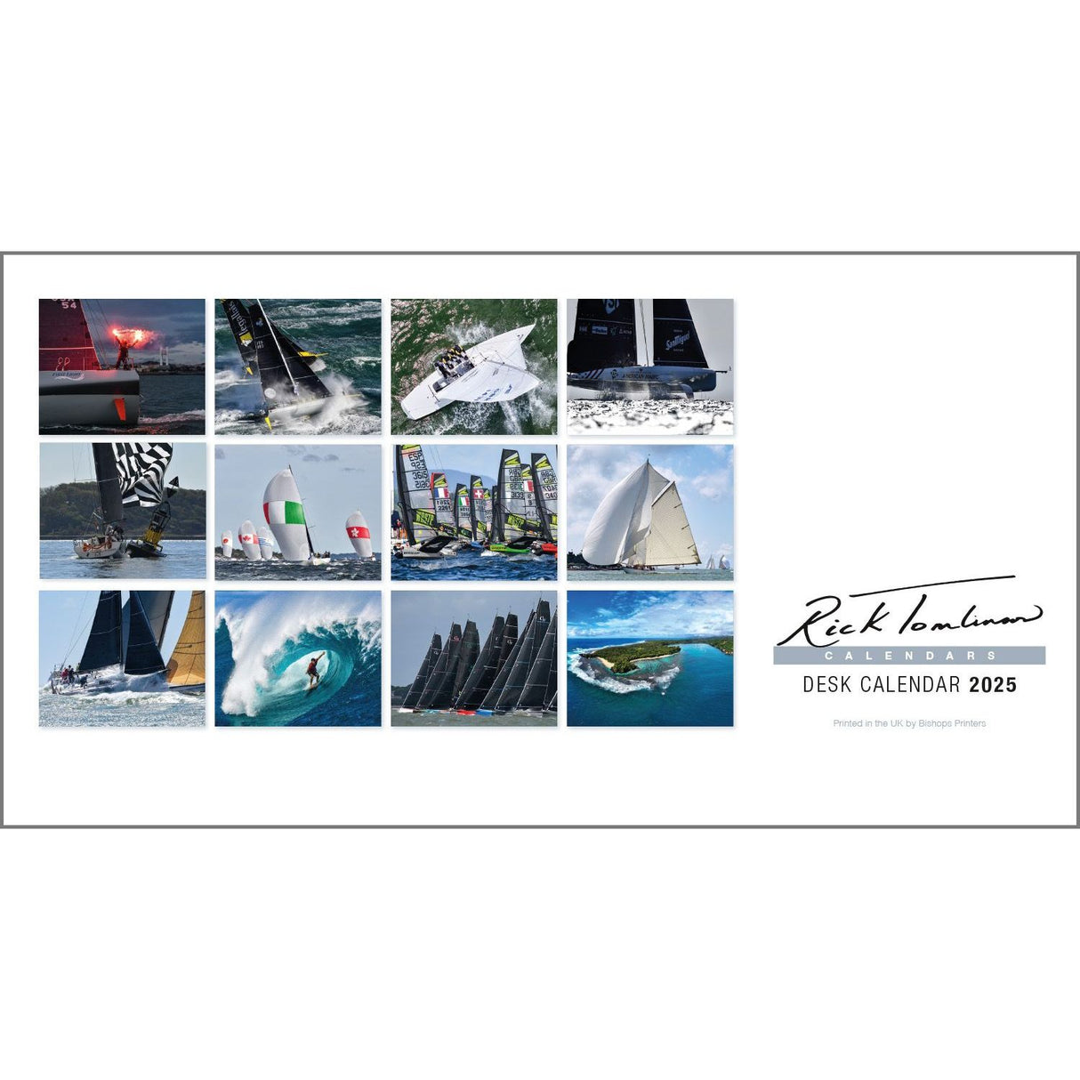 A collection of 12 breathtaking sailing images featuring various water scenes and boats. The cover states: "Rick Tomlinson Desk Calendar 2025" by Rick Tomlinson Photography.