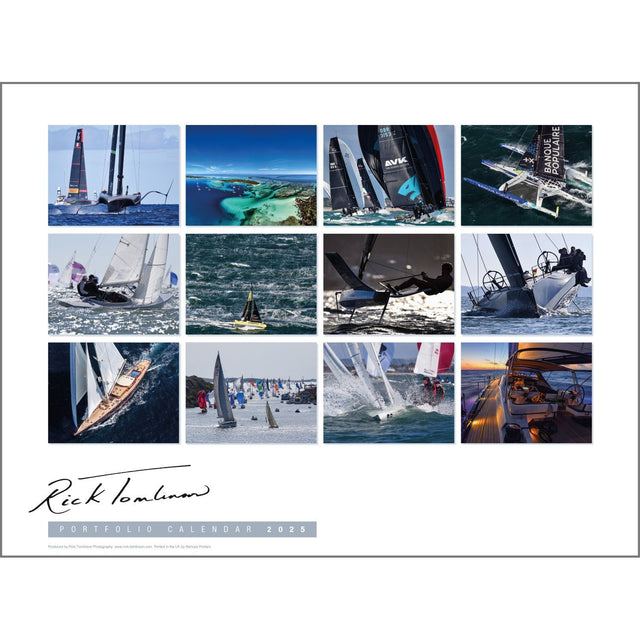 The "Rick Tomlinson Portfolio Calendar 2025" by Rick Tomlinson Photography showcases twelve stunning sailing photography images. Experience the thrill of boats racing, sailors in action, and breathtaking ocean views in this beautifully crafted sailing calendar.