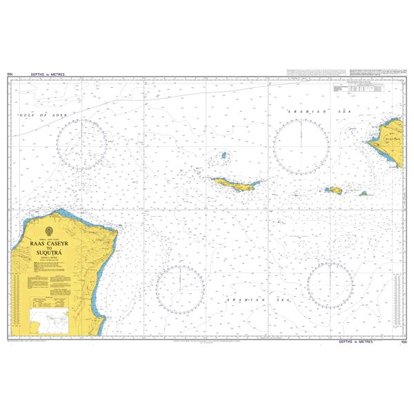 Product image of Admiralty Chart 100 | Gees Gwardafuy (Raas Caseyr) to Suqutra (Socotra), featuring navigational markings, depth soundings, and coastal features, essential for safe marine navigation. It could be displayed as an art piece or used for navigation on a boat or ship.