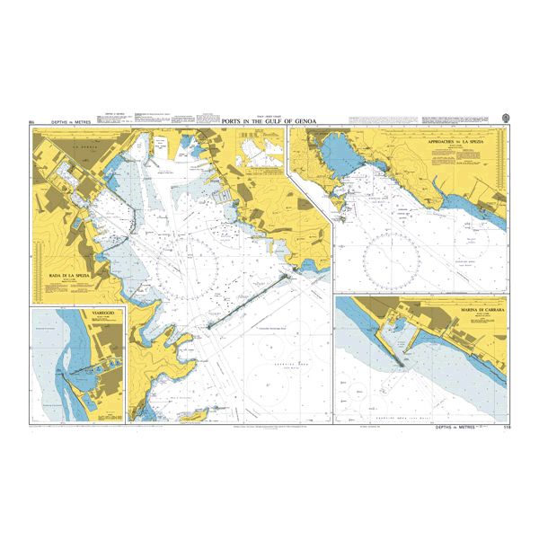 Product image of Admiralty Chart 118 | Ports in the Gulf of Genoa, featuring navigational markings, depth soundings, and coastal features, essential for safe marine navigation. It could be displayed as an art piece or used for navigation on a boat or ship.