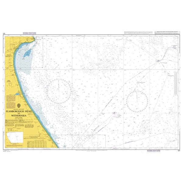 Product image of Admiralty Chart 121 | Flamborough Head to Withernsea, featuring navigational markings, depth soundings, and coastal features, essential for safe marine navigation. It could be displayed as an art piece or used for navigation on a boat or ship.