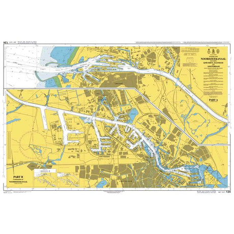 Product image of Admiralty Chart 124 | Part A Noordzeekanaal including Ijmuiden, Zaandam and Amsterdam, featuring navigational markings, depth soundings, and coastal features, essential for safe marine navigation. It could be displayed as an art piece or used for navigation on a boat or ship.