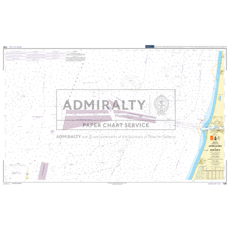 Product image of Admiralty Chart 125 | Approaches to IJmuiden, featuring navigational markings, depth soundings, and coastal features, essential for safe marine navigation. It could be displayed as an art piece or used for navigation on a boat or ship.