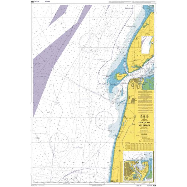 Product image of Admiralty Chart 126 | Approaches to Den Helder, featuring navigational markings, depth soundings, and coastal features, essential for safe marine navigation. It could be displayed as an art piece or used for navigation on a boat or ship.