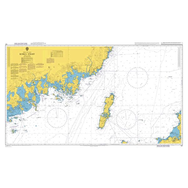 Product image of Admiralty Chart 127 | Korea Strait, featuring navigational markings, depth soundings, and coastal features, essential for safe marine navigation. It could be displayed as an art piece or used for navigation on a boat or ship.