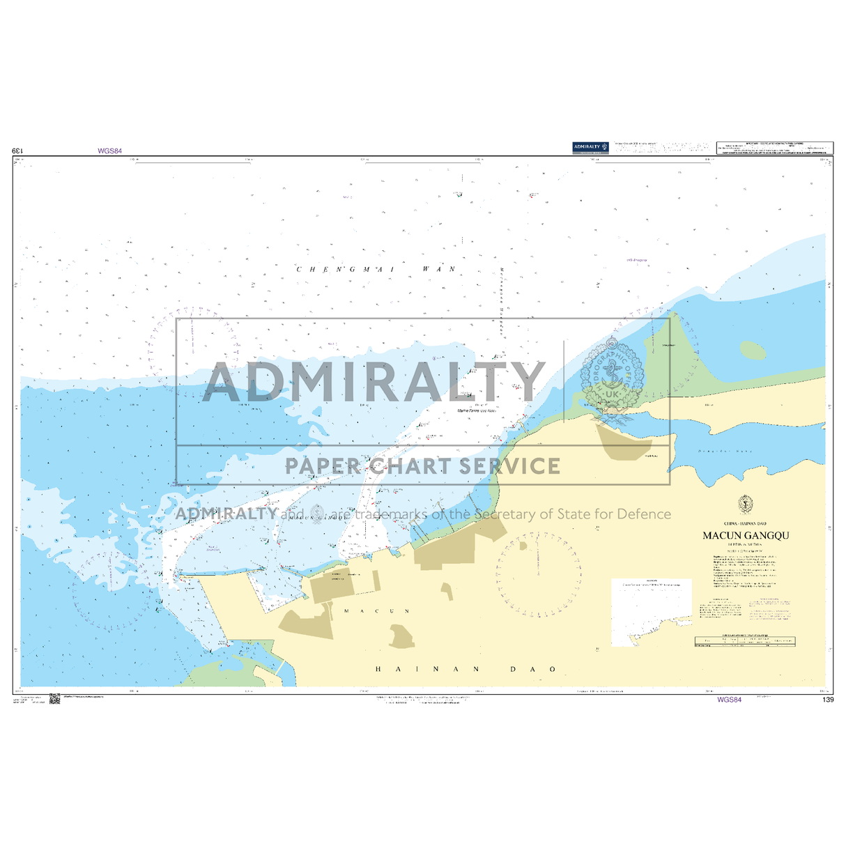 Product image of Admiralty Chart 139 | Macun Gangqu, featuring navigational markings, depth soundings, and coastal features, essential for safe marine navigation. It could be displayed as an art piece or used for navigation on a boat or ship.